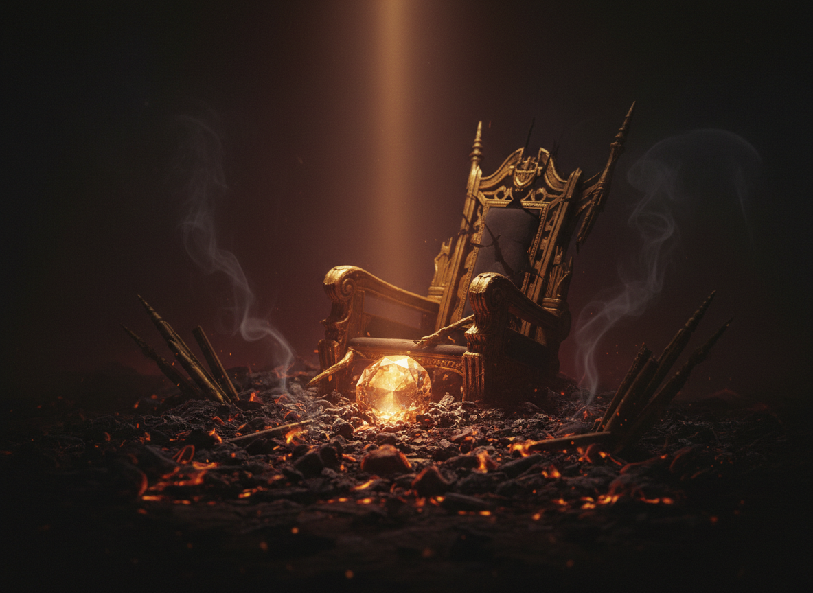 Dark, moody album cover art: a single radiant jewel emerging from cracked ash and dying embers of a collapsed golden throne, faint smoke curling upward, deep crimson and black palette with a single shaft of warm amber light illuminating the gem, cinematic dark fantasy atmosphere, no text, no words, no letters