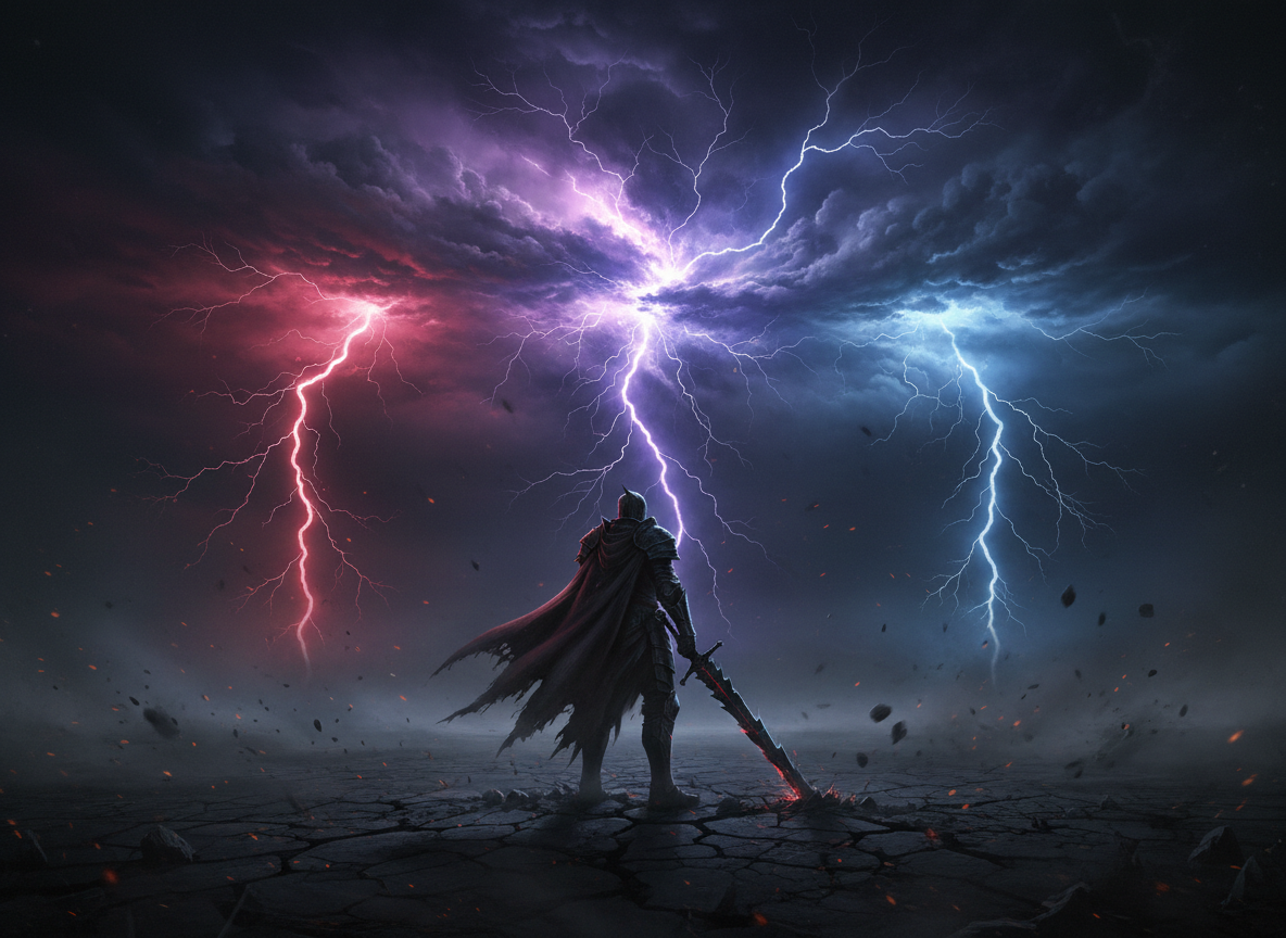 Moody, cinematic album-cover art for a dark synth/rock track called 'Threefold War'. A lone armored figure standing at the convergence of three storm fronts, each a different color of lightning (crimson, violet, cold blue) clashing overhead in a churning night sky. Dramatic chiaroscuro lighting, cracked earth underfoot, embers drifting. Atmospheric, epic, slightly grungy digital-painting texture, widescreen composition, no text or logos.