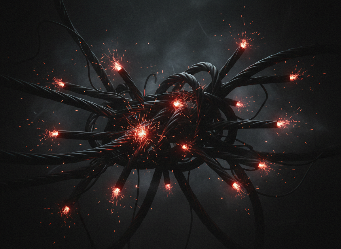 Severed industrial wires sparking with red and blue light against a dark background, cover art for the track Sever the Wires