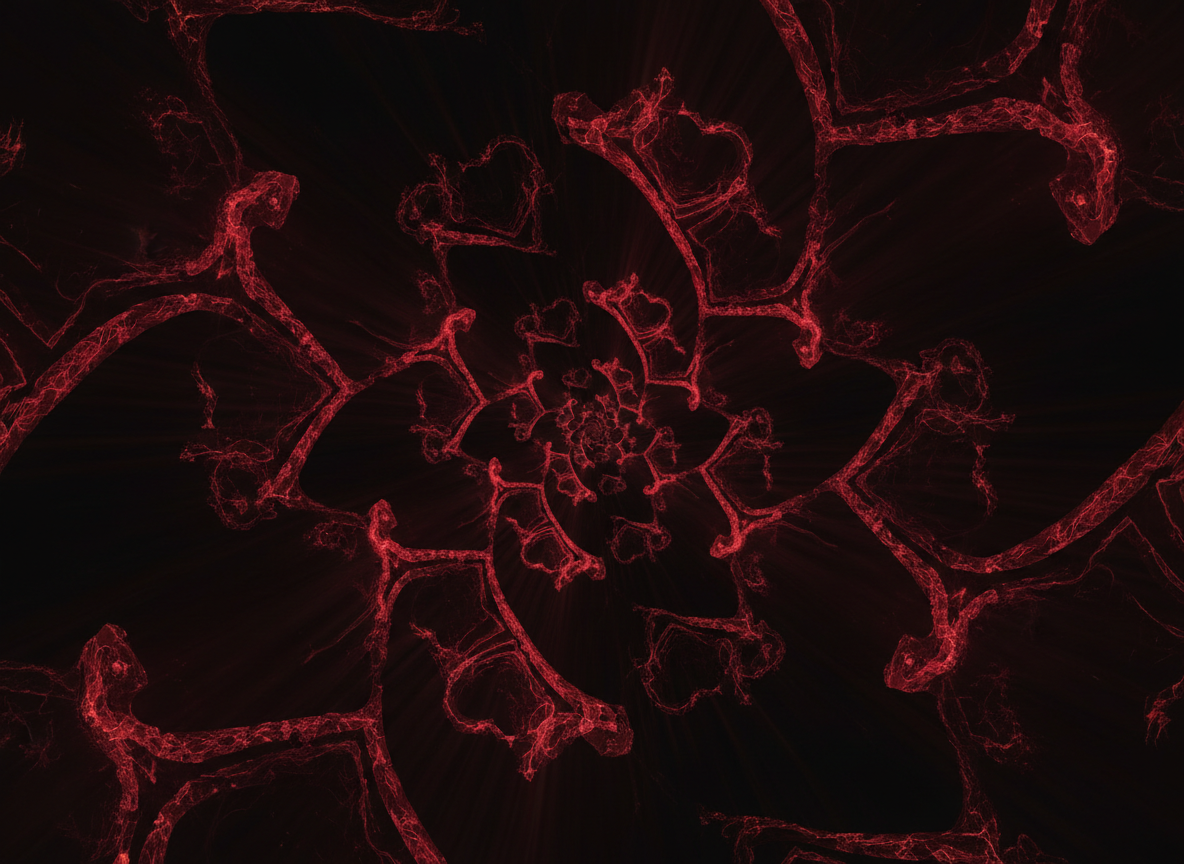 Dark moody album cover art, a fractal pattern of interlocking heart shapes receding infinitely into shadow, deep crimson and black color palette, glowing cracked veins of light tracing self-similar heart fractals, cinematic atmospheric lighting, high detail digital art, no text