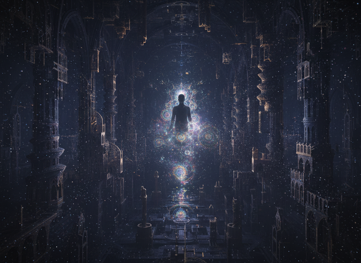 Moody, ethereal digital artwork for a dark ambient music track titled 'Echoes of the Demiurge': a vast cathedral-like void of floating geometric blueprints and architectural fragments, a faint shadowy god-like silhouette dissolving into fractal light at the center, deep indigo, violet and muted gold tones, cosmic dust, gnostic/esoteric atmosphere, no visible face, no text, album-cover style, cinematic lighting