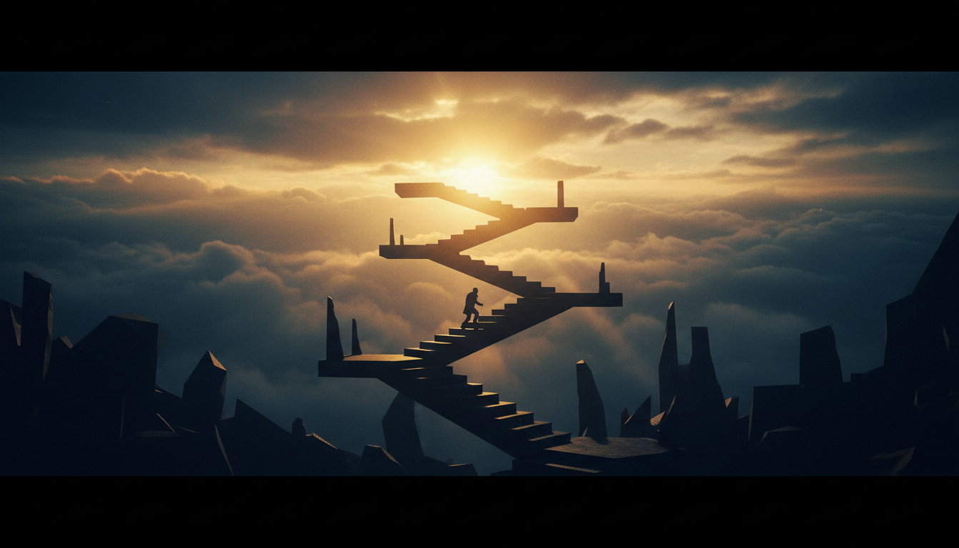 Silhouette ascending toward a blinding sun through dark architecture