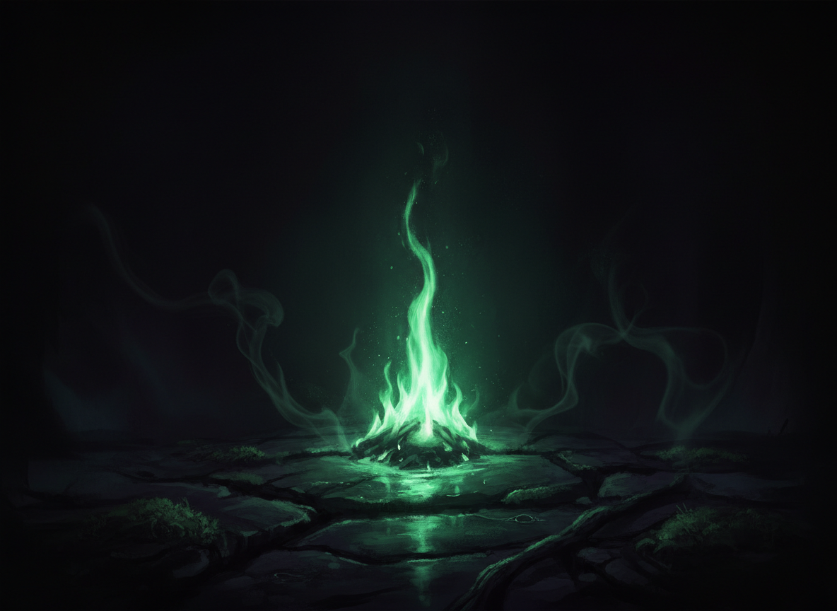 A moody, atmospheric album-cover-style illustration of a single emerald-green flame burning in near darkness, its light casting faint jade reflections across wet stone and drifting smoke, cinematic and mysterious, deep blacks and glowing emerald tones, no text, no words, no letters