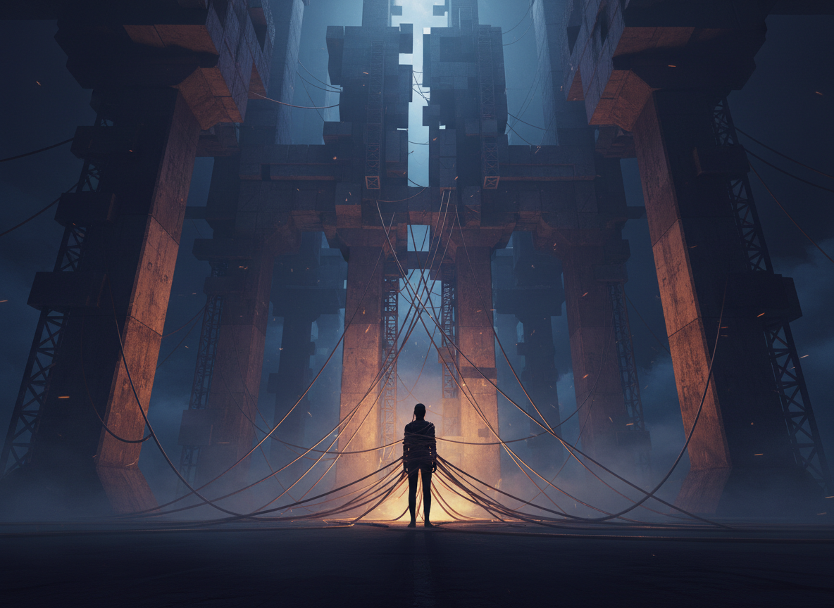 Dark moody cinematic album-art style image: a lone silhouetted figure bound by taut, glowing copper wires that stretch upward into a vast brutalist architectural structure of towering concrete pillars and geometric scaffolding, dramatic chiaroscuro lighting in deep indigo and amber, faint sparks drifting off the wires, atmospheric fog, no text, no logos, no words