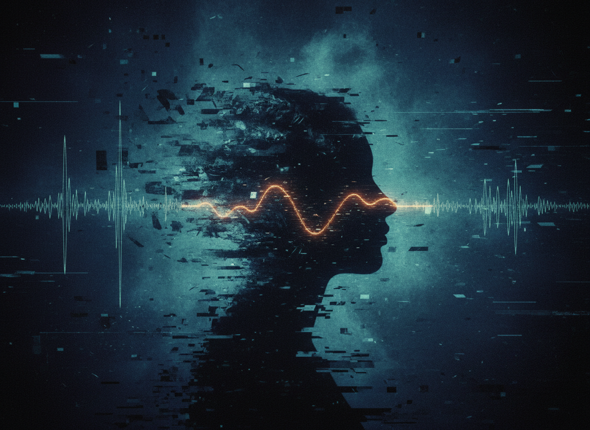Moody abstract album cover art: a human silhouette dissolving into television static and radio-wave interference, glitch distortion lines, deep indigo and dark teal palette with a single thread of warm amber signal light cutting through the noise, cinematic, high contrast, atmospheric, no text, no words, no logo