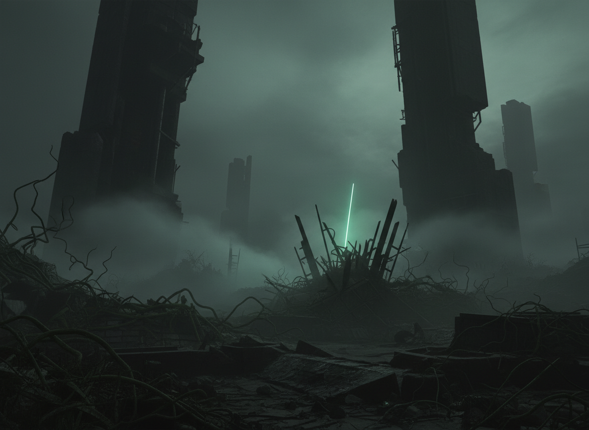 Moody dark atmospheric album cover art: a hidden, unseen acre of overgrown land glimpsed at dusk between the geometric silhouettes of massive architectural structures, fog rolling over tangled vines and buried stone, a single shaft of emerald-tinged light cutting through industrial ruins, cinematic, mysterious, desaturated color palette with deep greens and charcoal grays, no text, no words, no letters